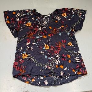 Les Amis Women's Navy Floral Short-Sleeve Blouse Top Shirt size Medium